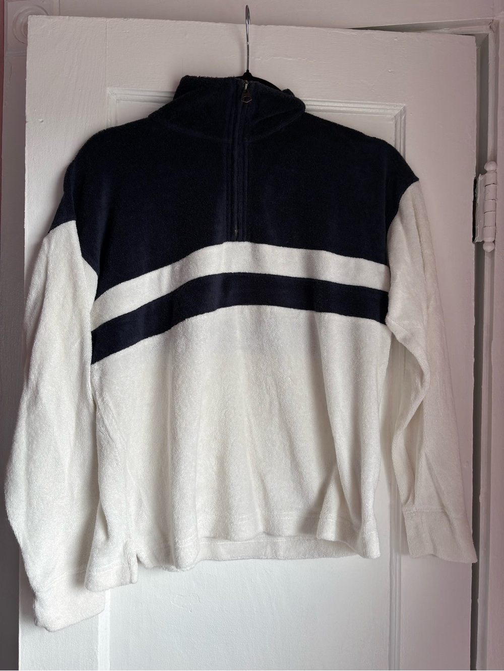 Faherty Cabana Terry Quarter Zip Pullover Navy White Stripe XS Beach Sweater